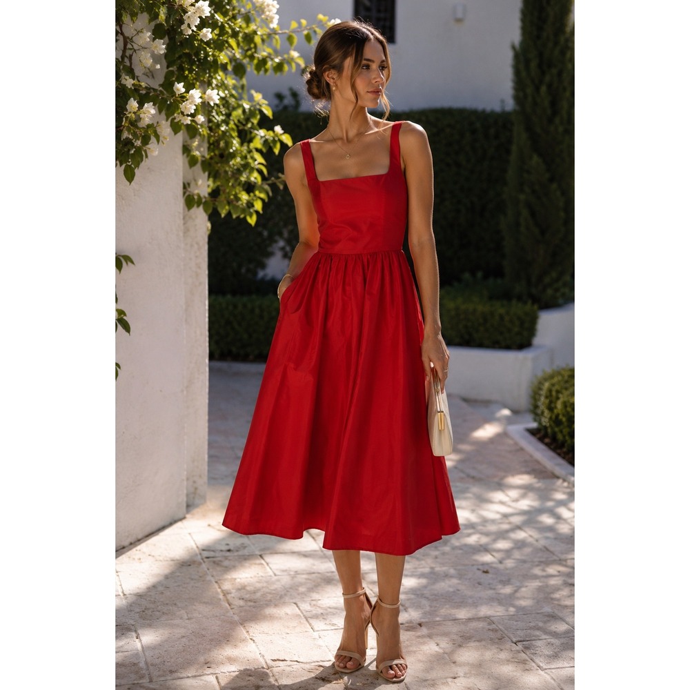 J.Crew Collection Red Taffeta Midi Dress Square Neck Pockets  Size 6 NEW